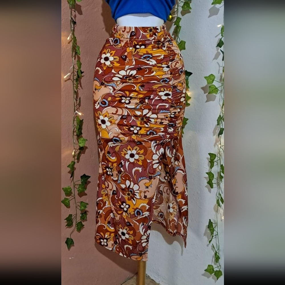Asymmetrical Floral Skirt in Brown and Cream
